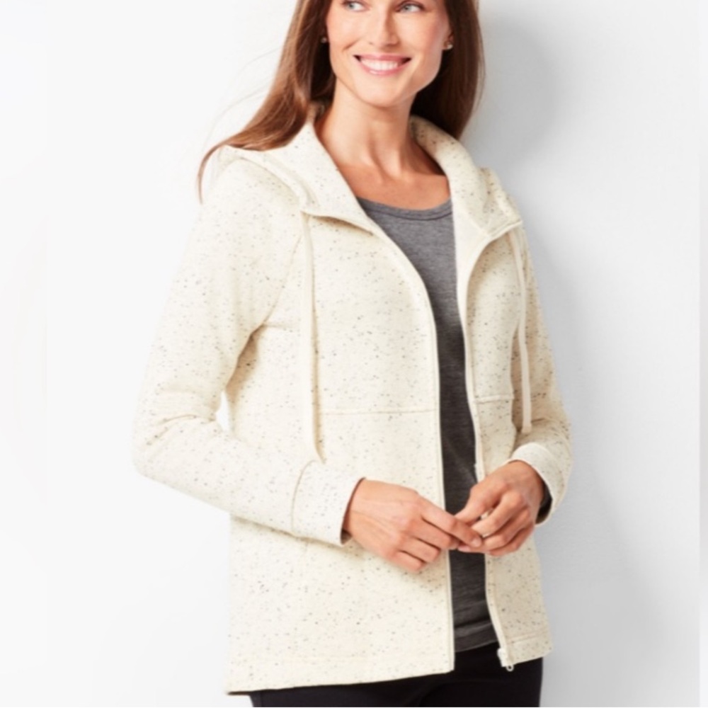 Talbots Petites Speckle Beige Long Sleeve Zip Front Hooded Sweatshirt Drawstring